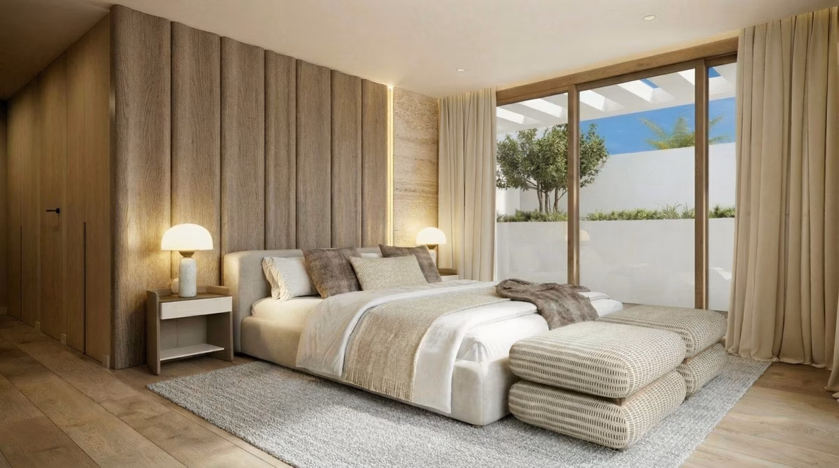 Bedroom with upholstered wall panels in a Verdana villa