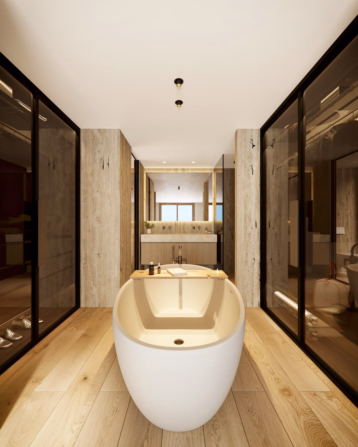 Dressing area leading to a bathroom with freestanding bath, Verdana Villas