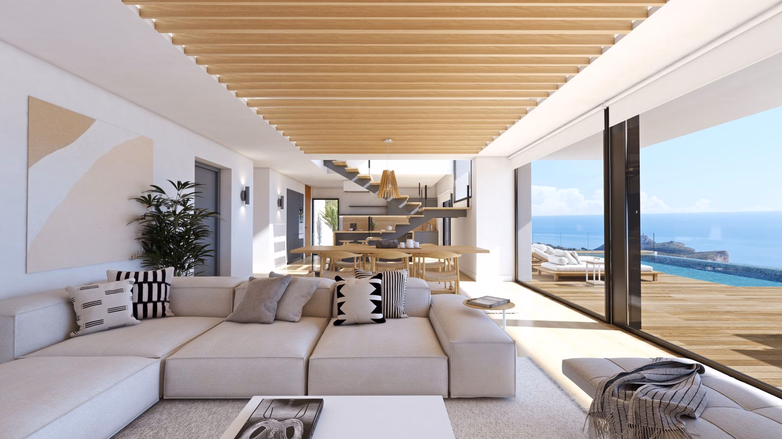Open-plan living and dining space with panoramic sea views