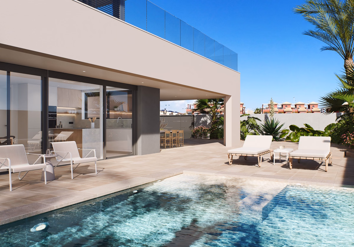 Poolterrasse mit Liegen vor dem verglasten Wohnraum, Villa Gladiolo