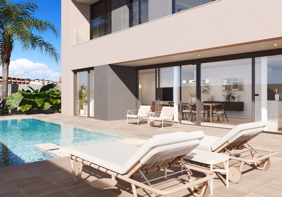 Pool und Sonnenliegen entlang der Glasfassade, Villa Gladiolo