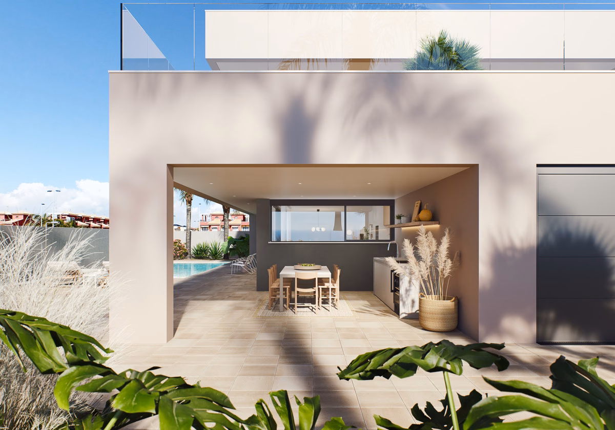 Überdachte Terrasse mit Essplatz am Pool, Villa Gladiolo