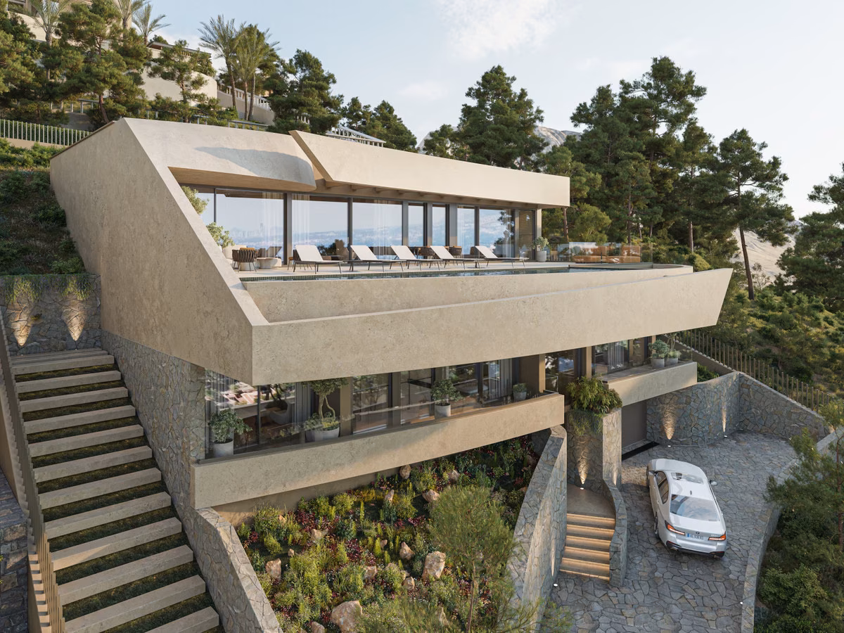 Infografía: la villa escalonada en una ladera de pinos, con escalera exterior y acceso rodado