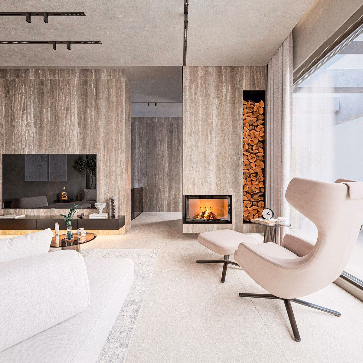 Infografía: sala de estar con chimenea de leña, leñero y sillón