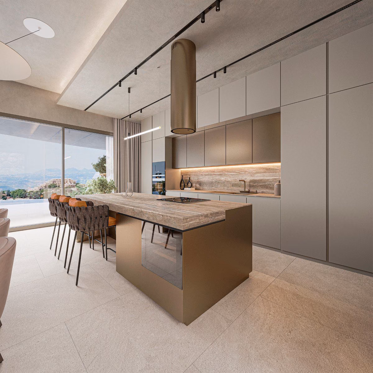 Infografía: isla de cocina con taburetes y vistas al mar