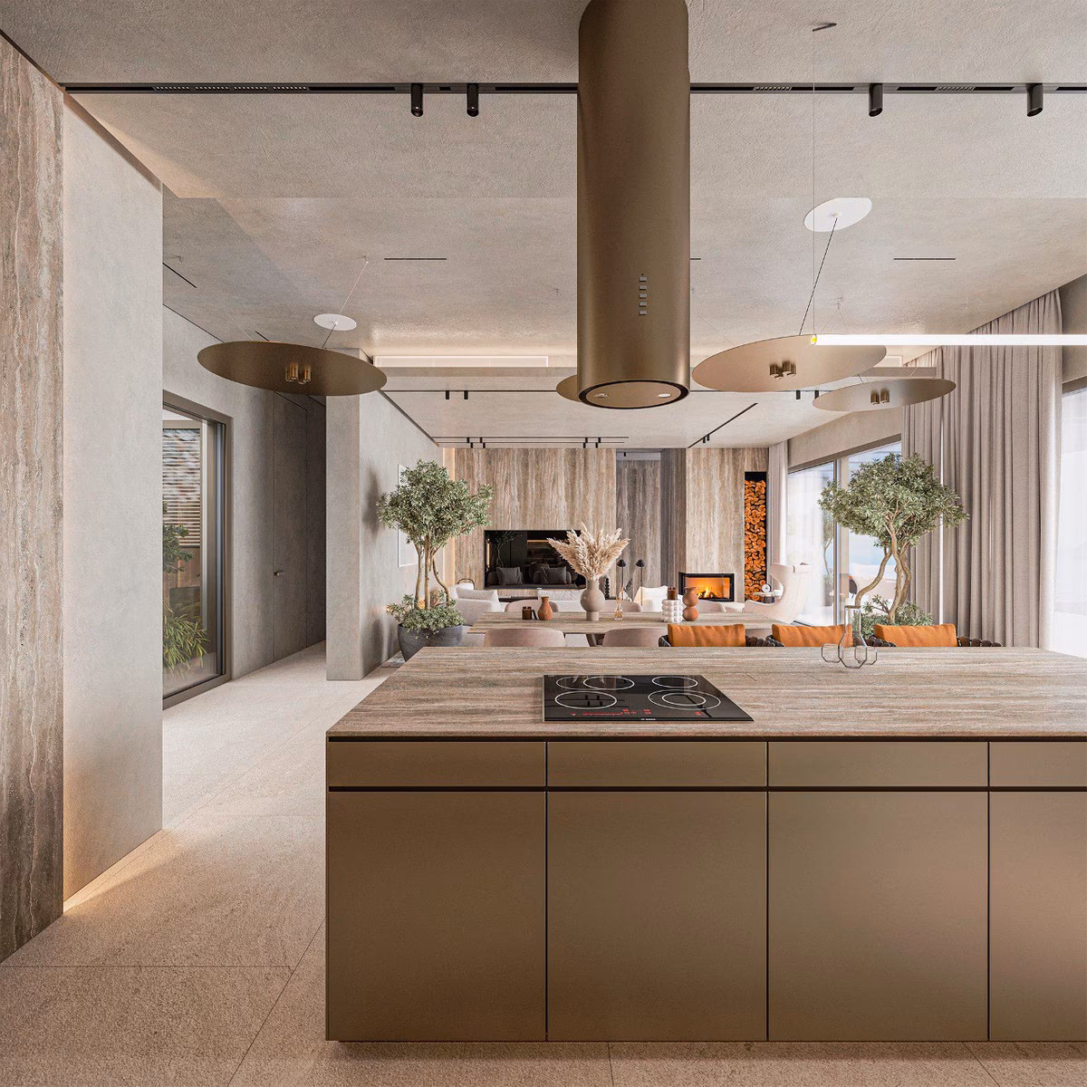 Infografía: isla de cocina con placa y campana en bronce