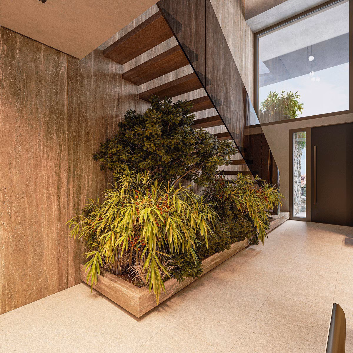 Infografía: escalera junto a un patio interior ajardinado