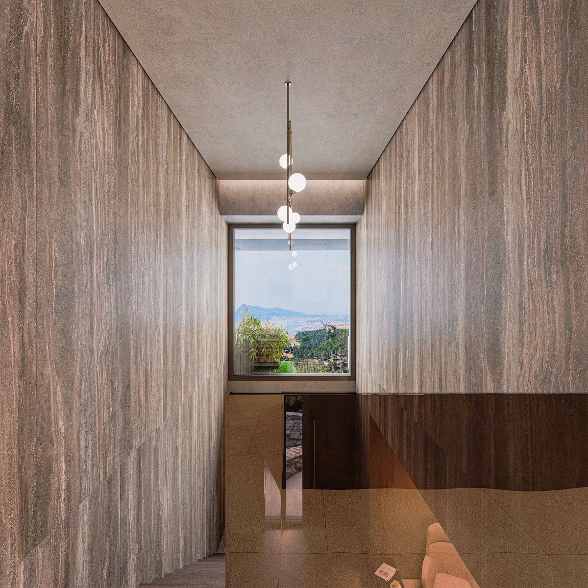 Infografía: pasillo con paredes de piedra y ventana a las colinas