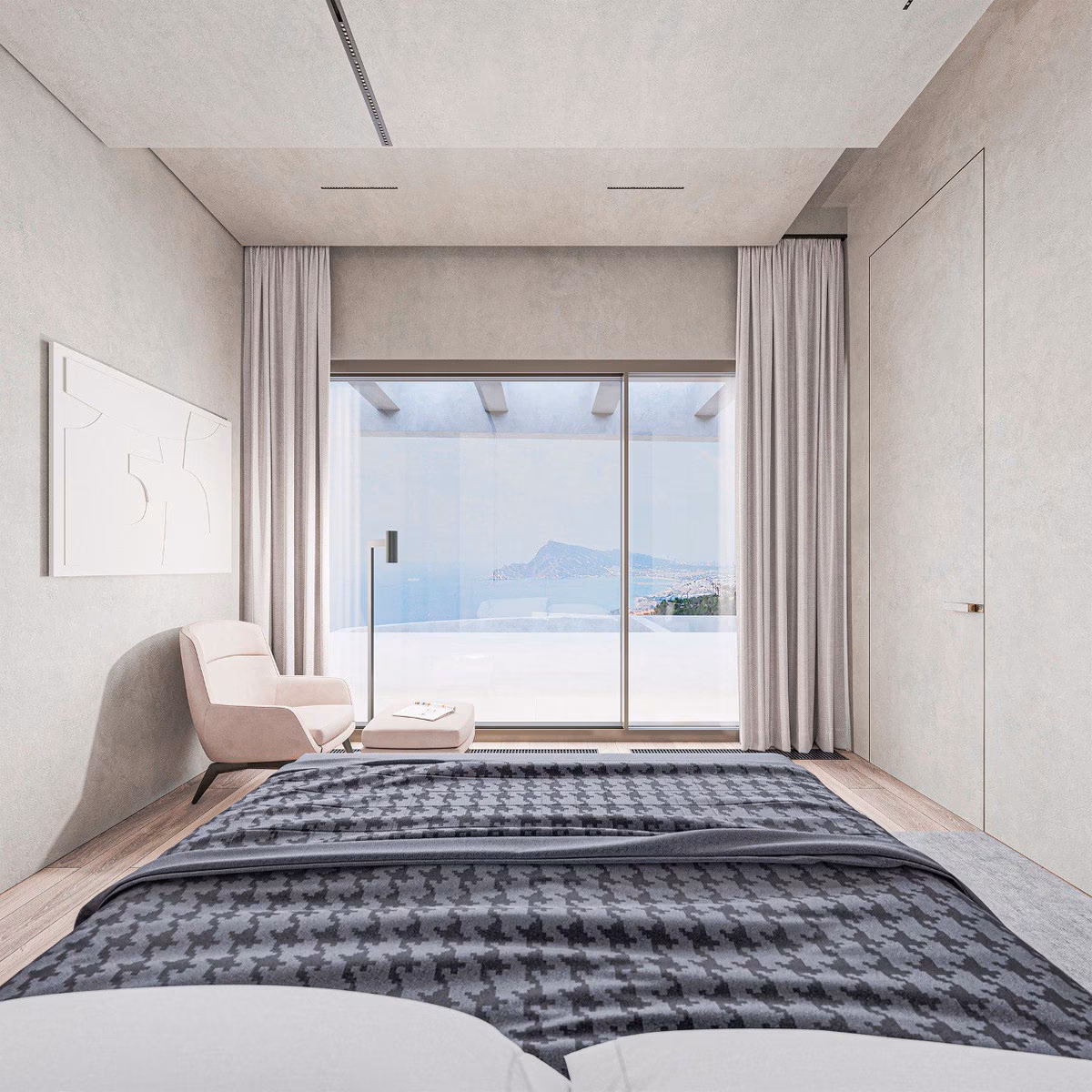 Infografía: dormitorio con salida a la terraza de la piscina