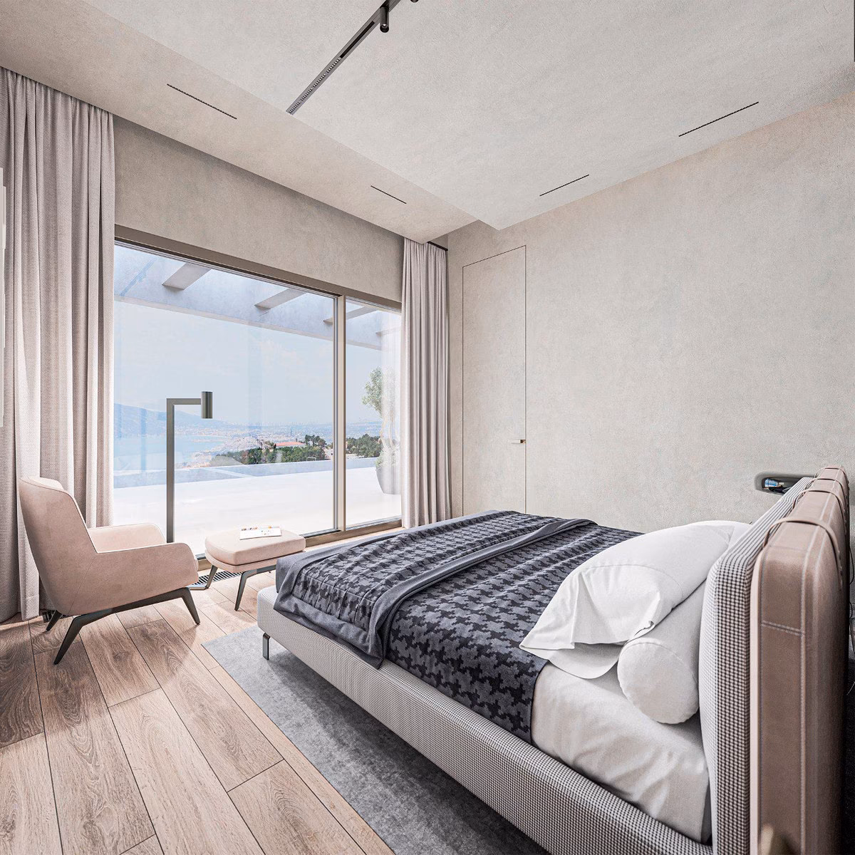 Infografía: dormitorio con vistas al mar