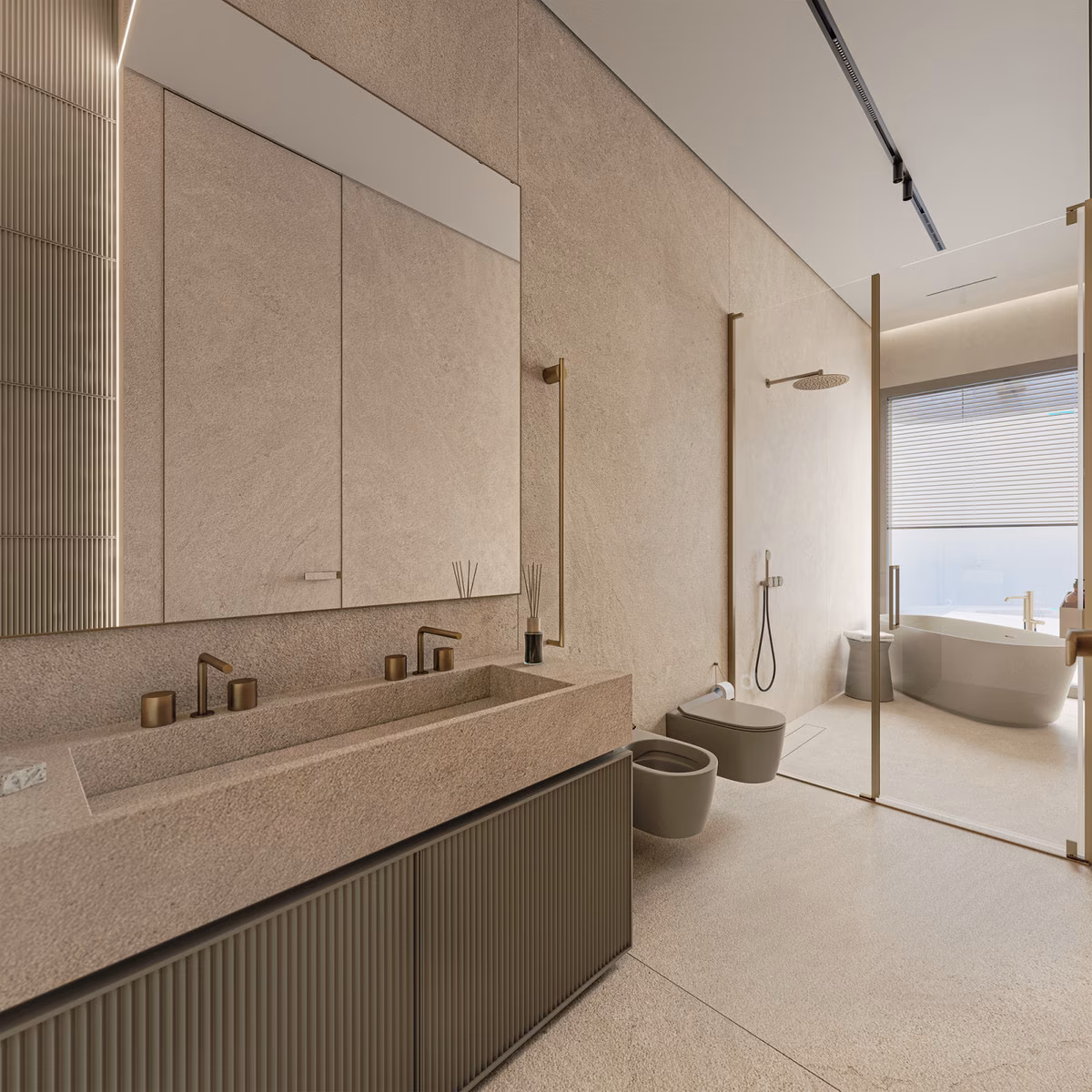 Infografía: doble lavabo de piedra en el baño principal
