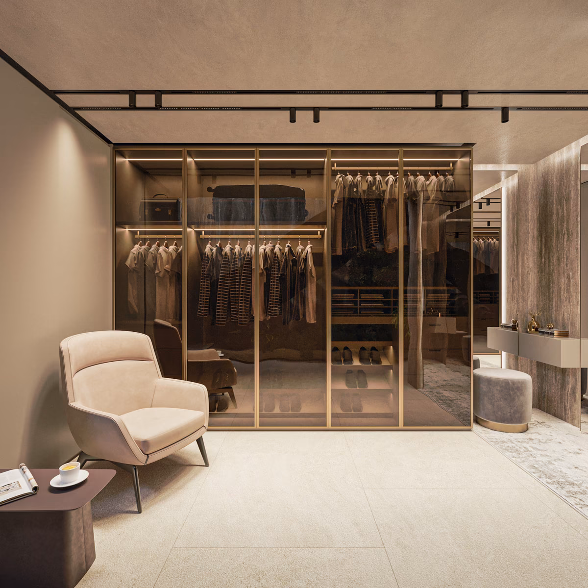 Infografía: vestidor tras vidrio color bronce con sillón