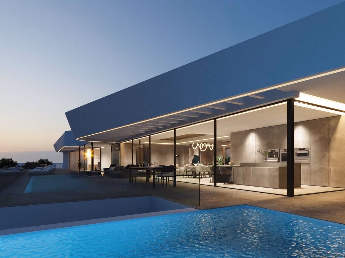 Infografía: la piscina y la fachada de vidrio iluminada al atardecer