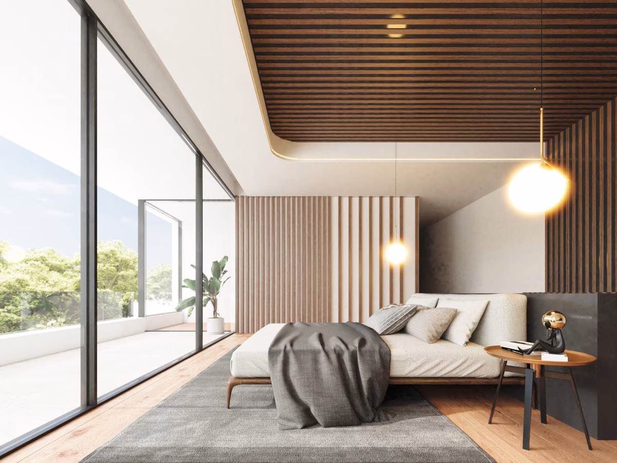 Infografía: dormitorio con pared de listones y acristalamiento a la terraza