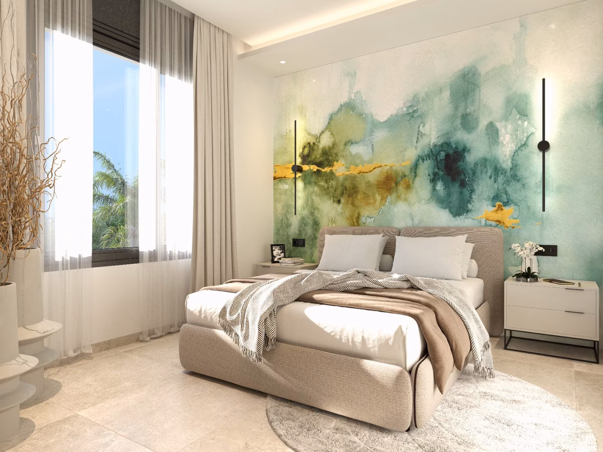 Schlafzimmer mit Aquarell-Wandbild in einer Villa von Villas Las Filipinas