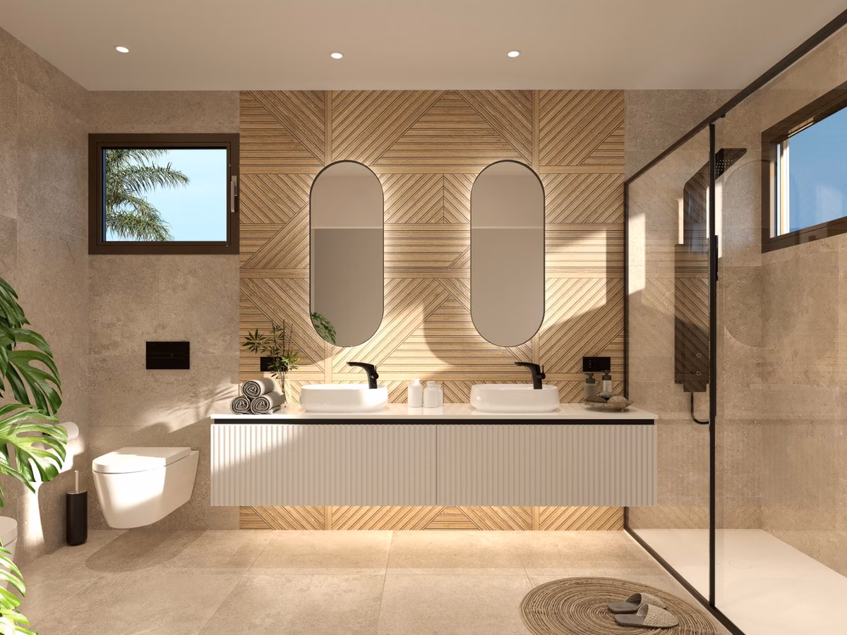 Bad mit Doppelwaschtisch, zwei ovalen Spiegeln und Glasdusche, Villas Las Filipinas