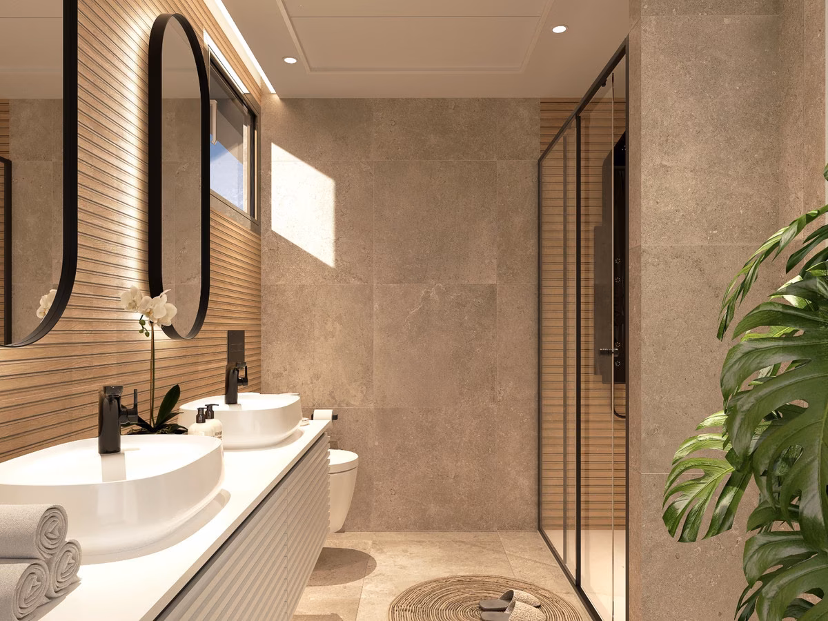Bad mit zwei Aufsatzbecken, schwarz gerahmtem Spiegel und Dusche, Villas Las Filipinas