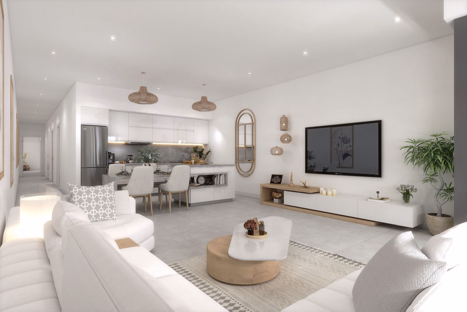 Open-plan living room, dining area and kitchen