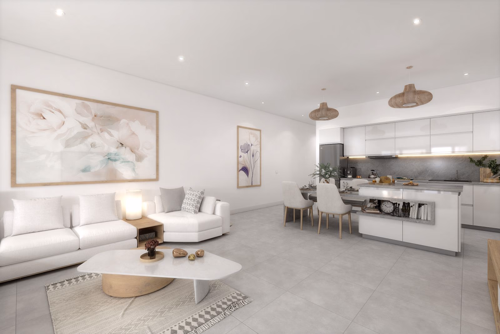 Bright lounge with an island kitchen and dining table