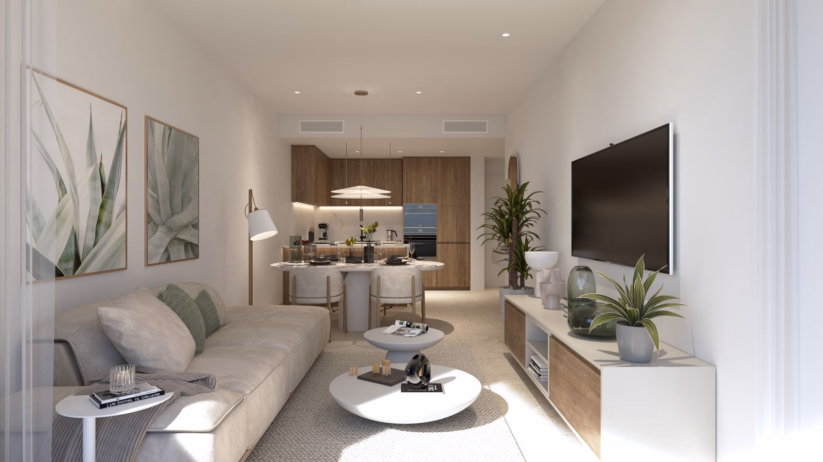 Open-plan living room with a wood-fronted kitchen