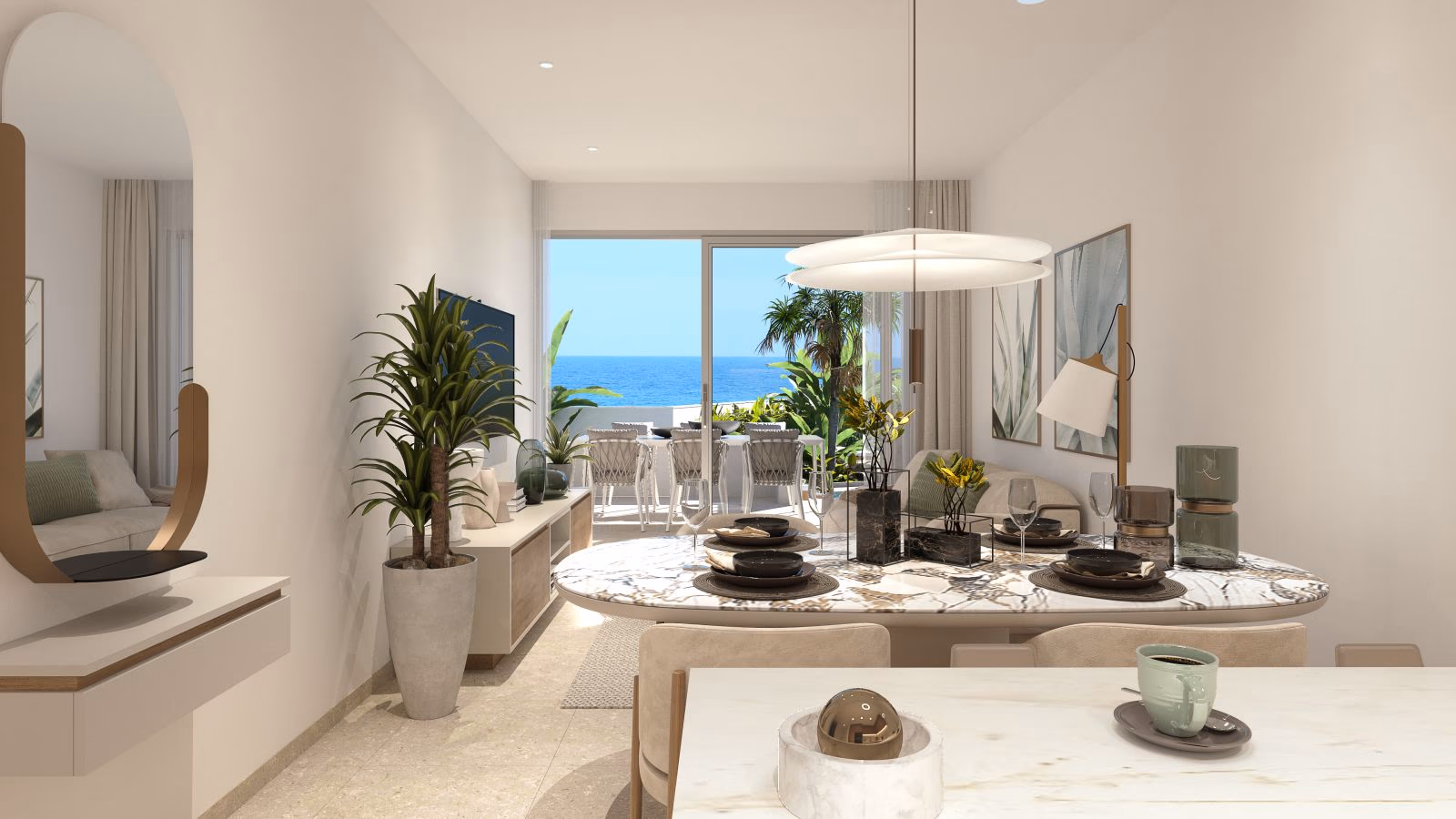 Living and dining area opening to a sea-view terrace