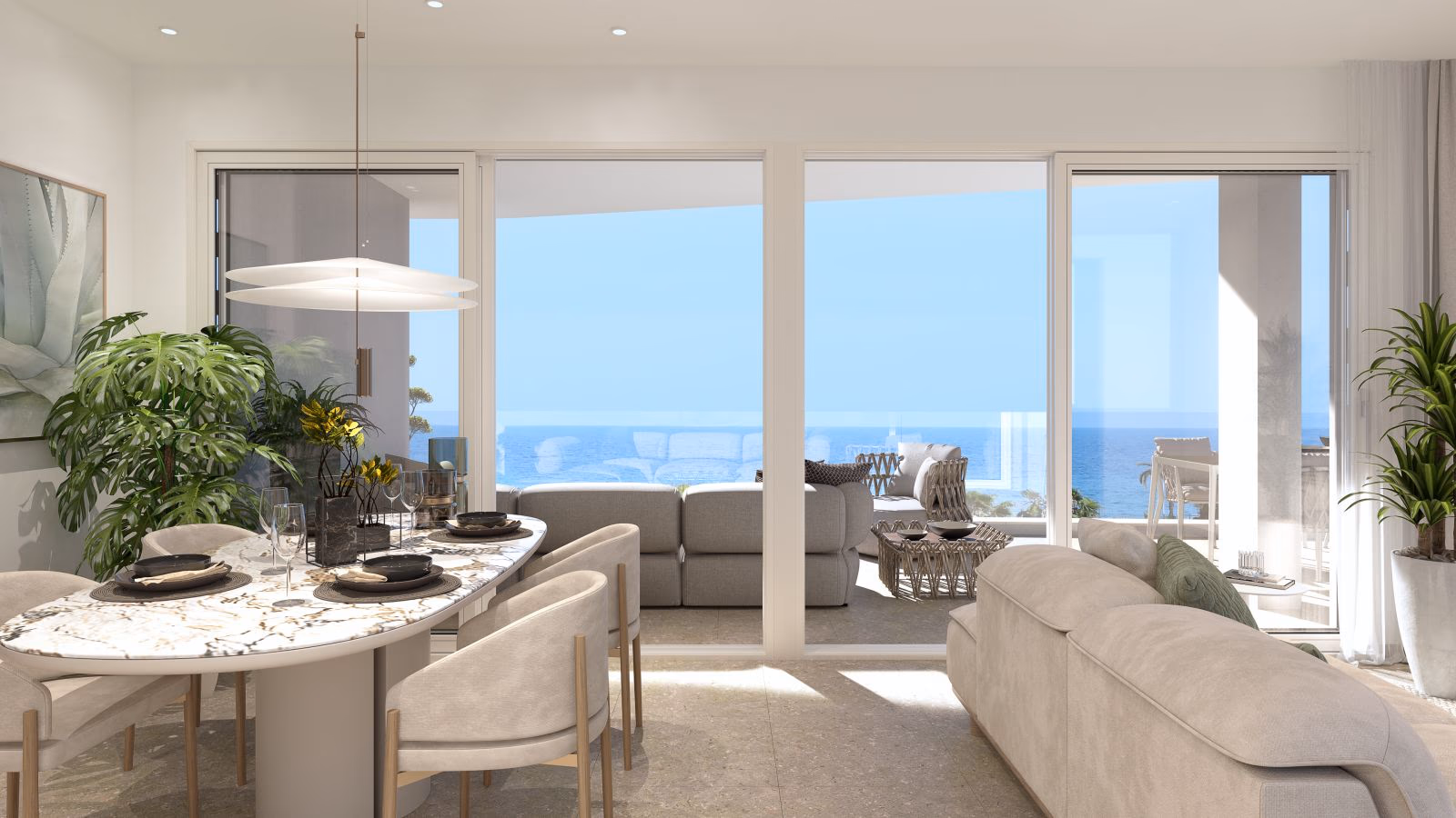 Bright lounge with floor-to-ceiling doors to the sea-view terrace