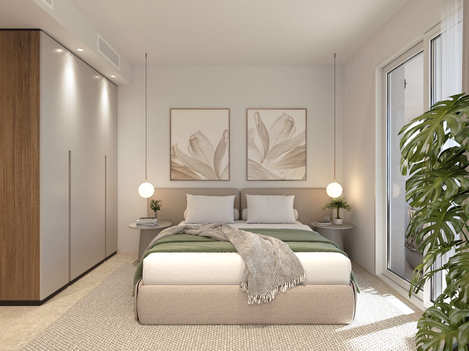 Bedroom with fitted wardrobes and a terrace door