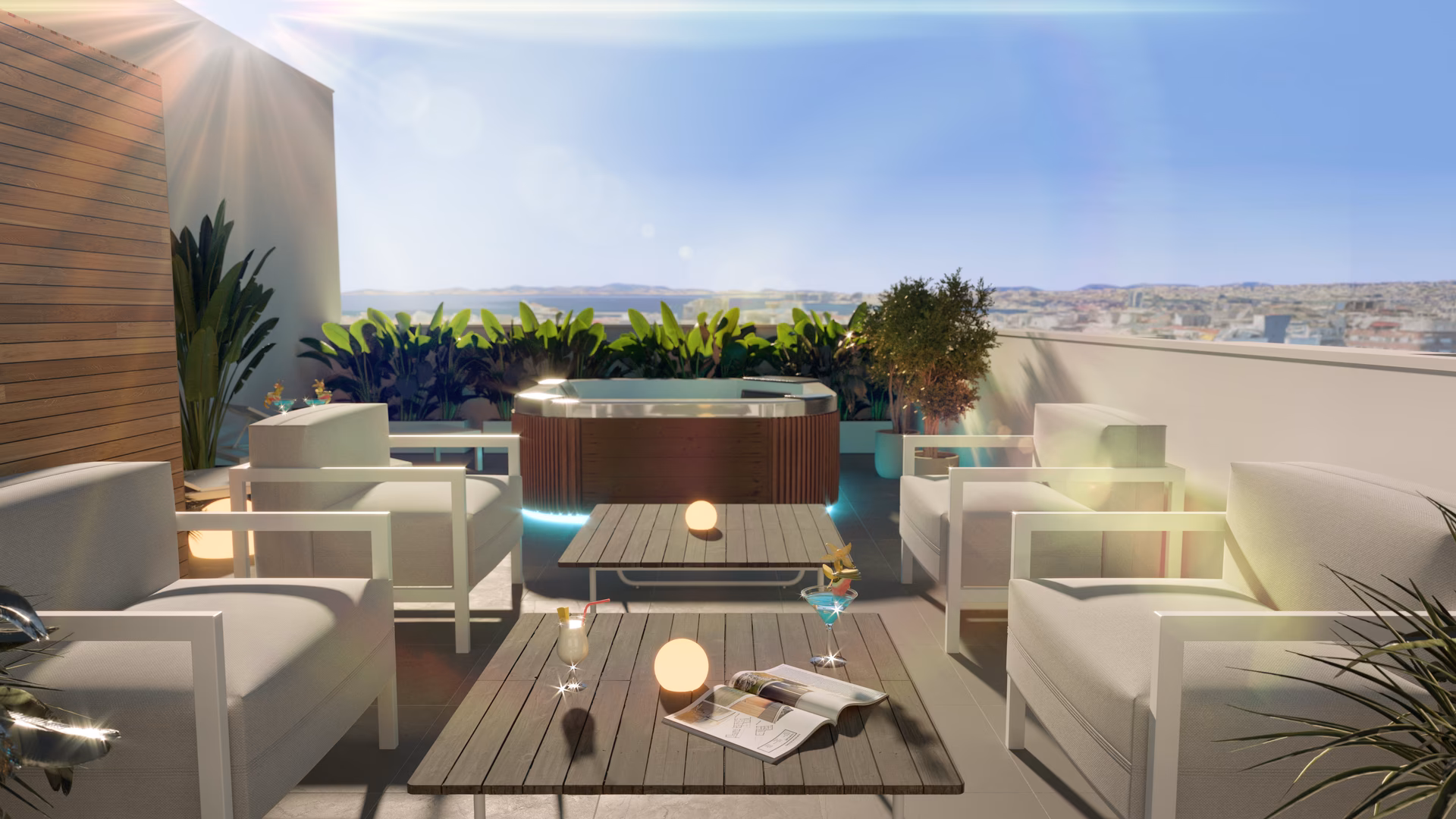 Zona chill-out de la azotea con jacuzzi y vistas diurnas de la ciudad hasta el mar
