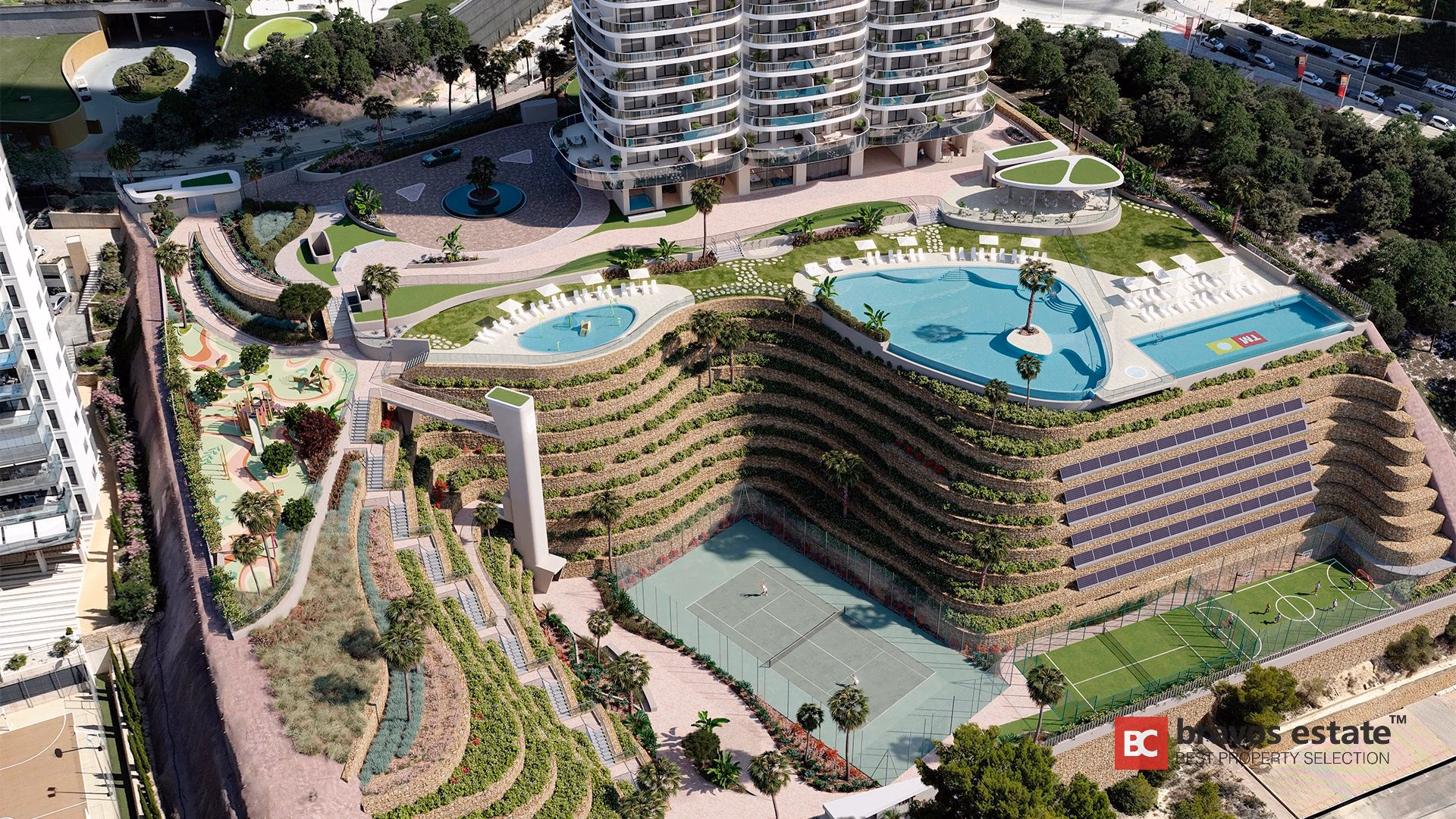CGI aerial render of TM Tower Benidorm showing terraced green walls, freeform pools, tennis court, and solar panels