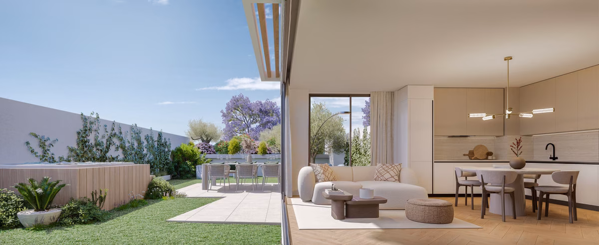 Garden terrace and living room of an Ykines garden suite