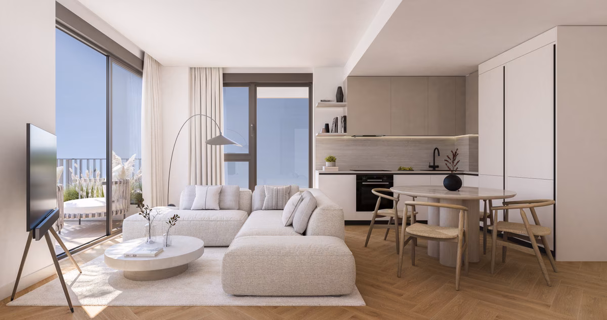 Living room and kitchen in an Ykines apartment