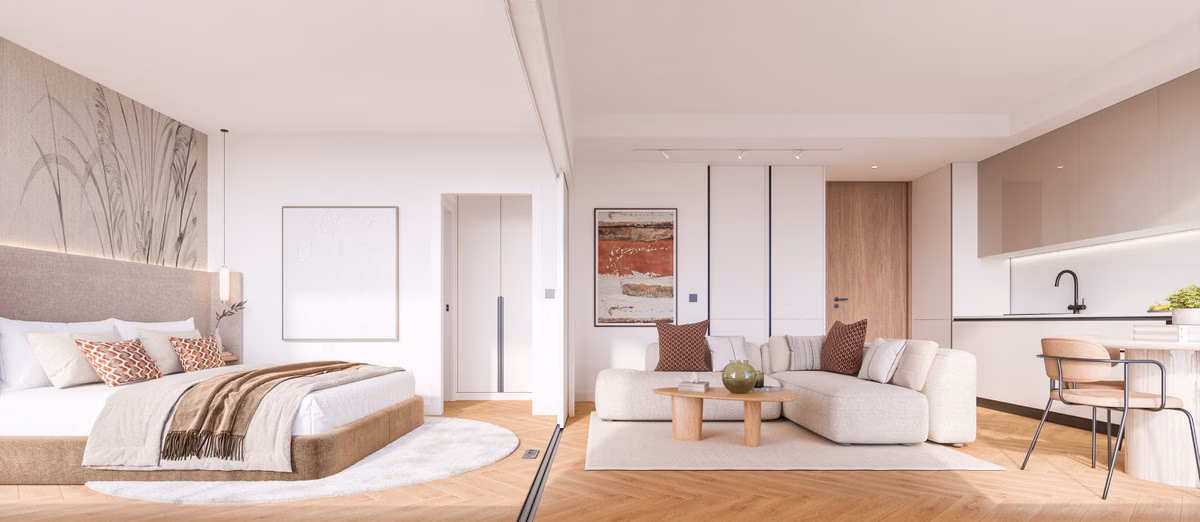 Bedroom opening onto the living area at Ykines