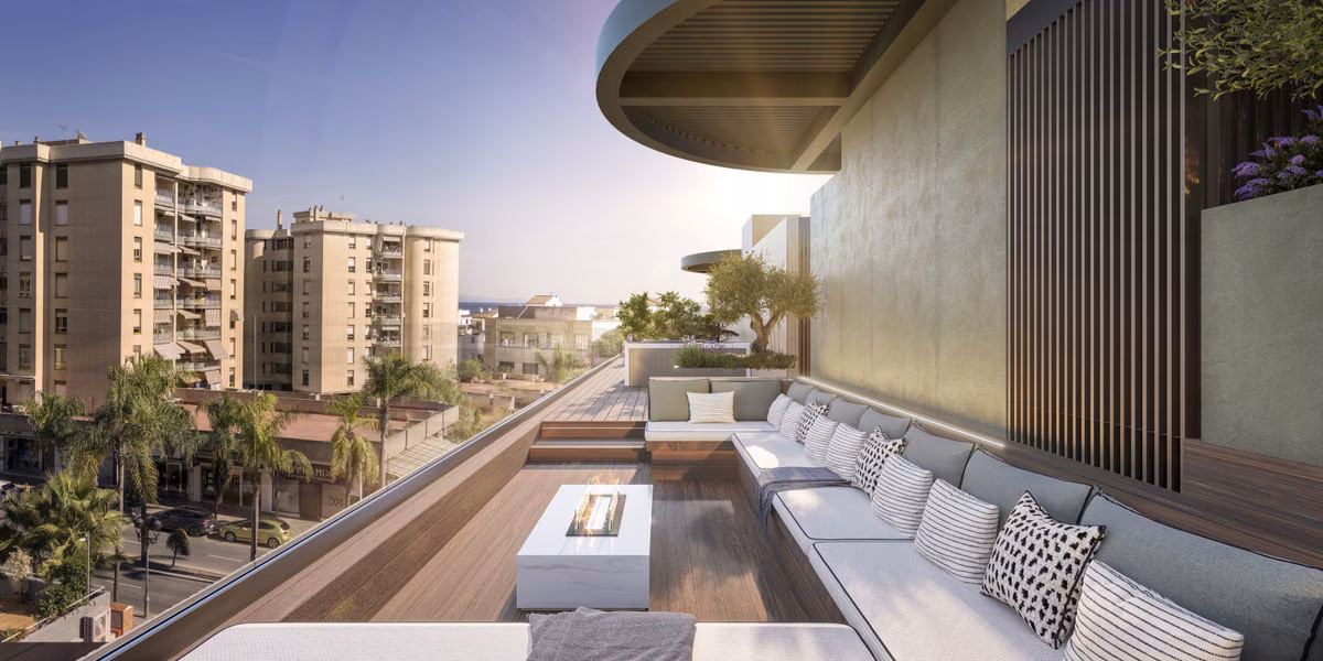 Penthouse terrace with fire pit at Ykines