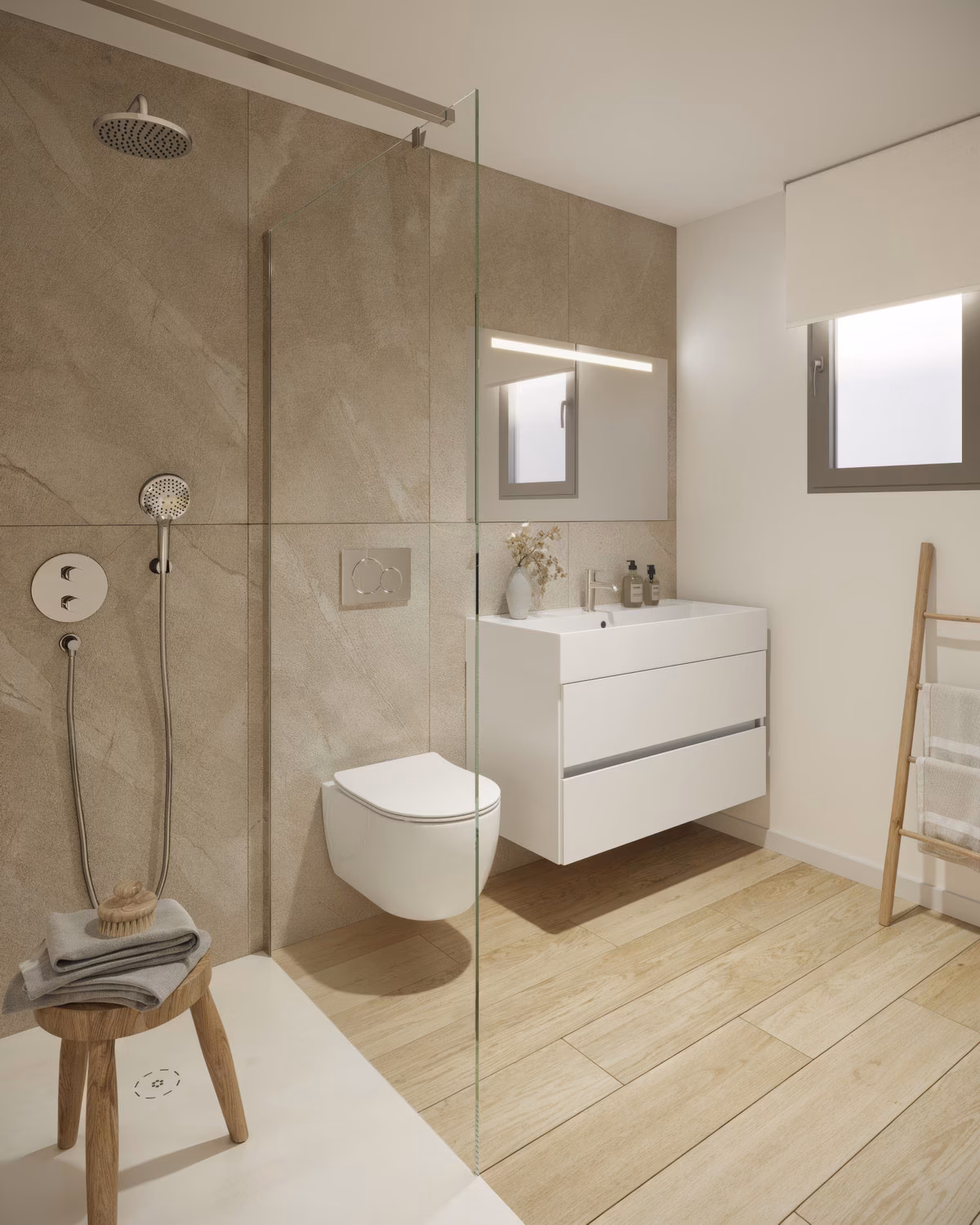 Bathroom with walk-in shower and wall-hung vanity unit