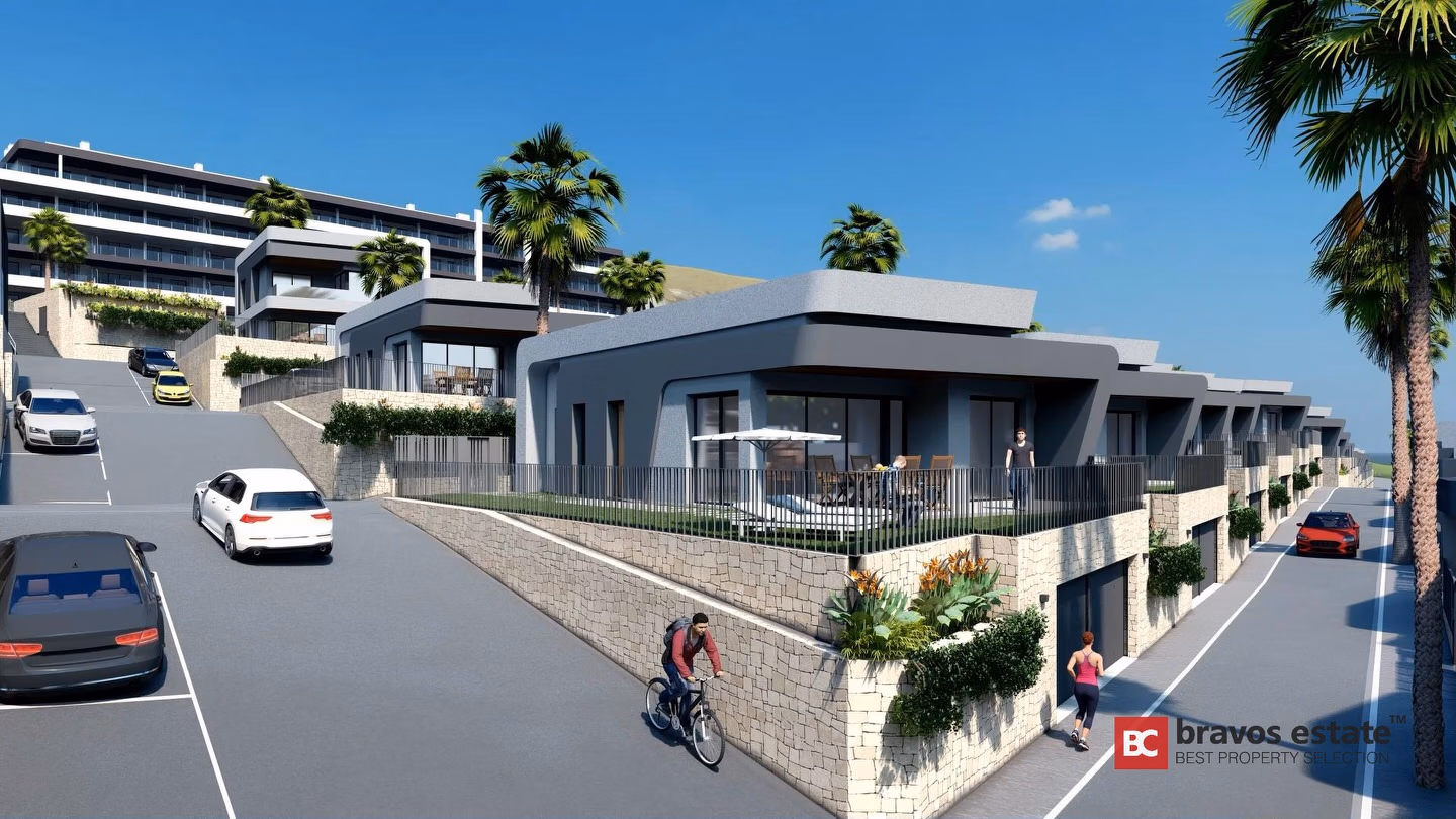 CGI render of Bonalba Green Villas showing a row of modern flat-roof detached villas with terraces and stone planters lining a resort road, with the Bonalba Golf Resort hotel visible behind.